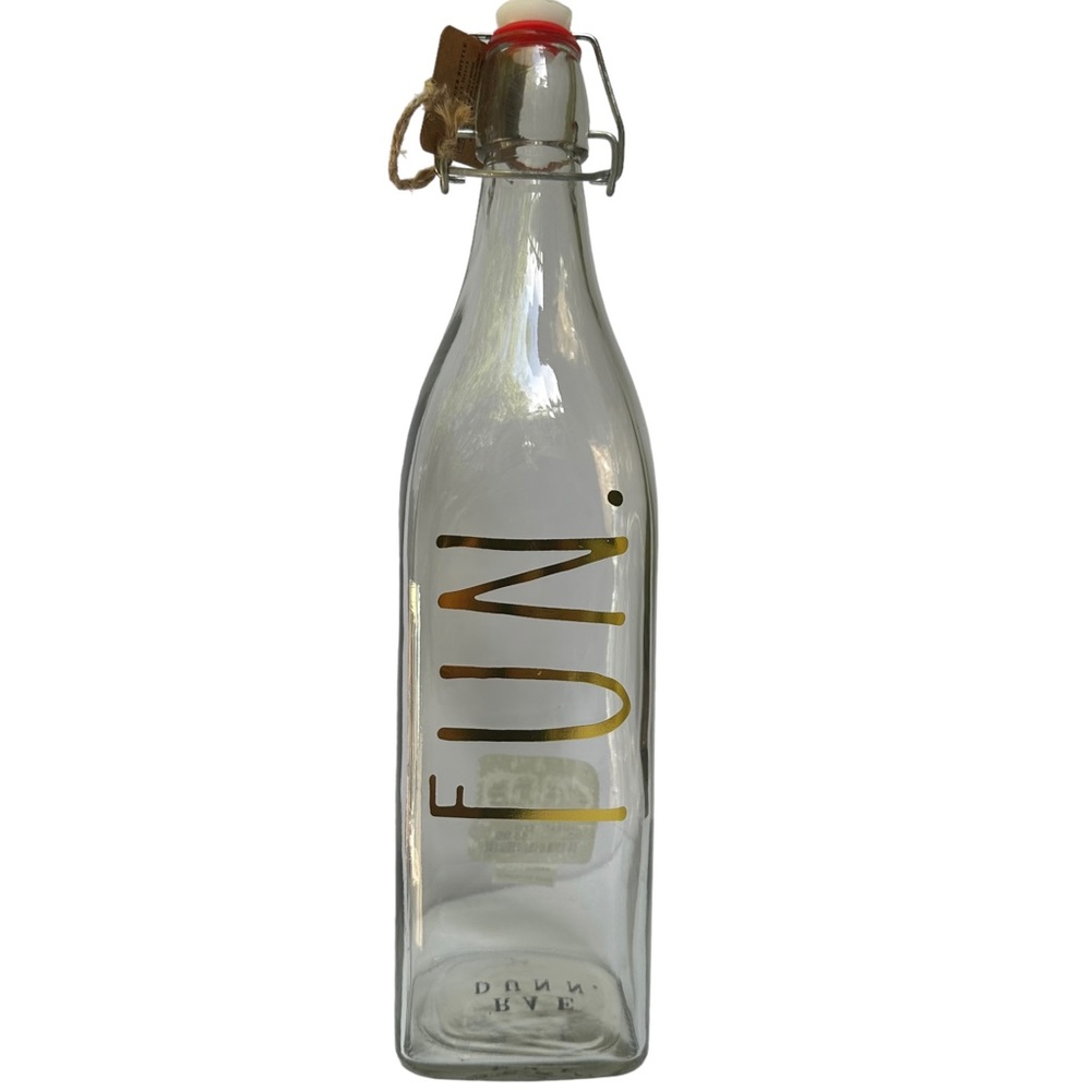 Rae Dunn FUN Clear Glass Bottle Bail & Trigger Closure Gold Letters NWT 2017 OG